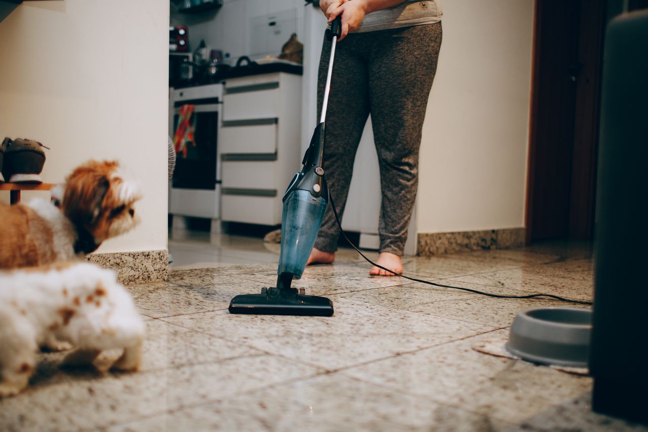 hero-img-01 A woman cleaning the floor with a vacuum cleaner while a dog watches attentively. Indoor home setting.